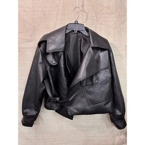 Womens Black Faux Leather Asymmetrical Moto Jacket Cropped Small